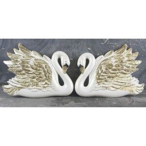 MCM Pair of Plaster Swans, Creamy White and Gold Swans